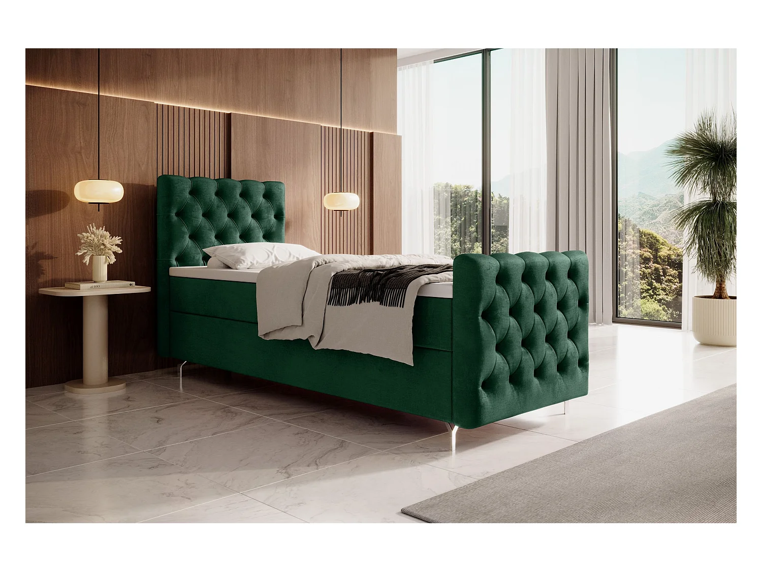 BEDANTE lit boxspring CHESTER PLUS 100x200 vert foncé avec matelas H3 et surmatelas lit avec coffre, lit simple, lit d'hôtel, chambre, avec rangement
