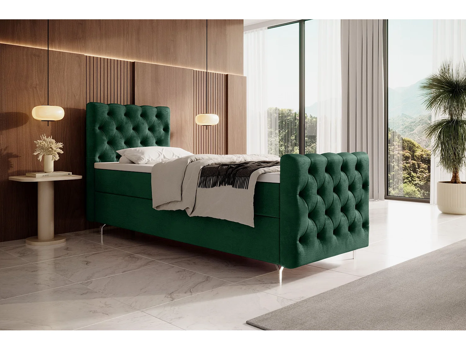 BEDANTE Boxspringbett CHESTER PLUS mit Matratze H3 und Topper 100x200 Monolith 37 Dunkelgrün Bett Bettkasten Einzellbett Hotelbett Schlafzimmer Stauraum