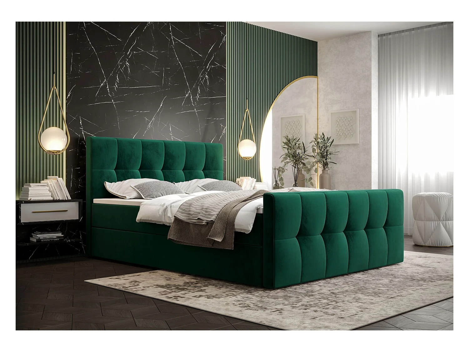 BEDANTE Lit boxspring MANHATTAN 140x200 Monolith 37 Vert Lit Coffre Lit double Lit d’hôtel Surmatelas Matelas Chambre Rangement