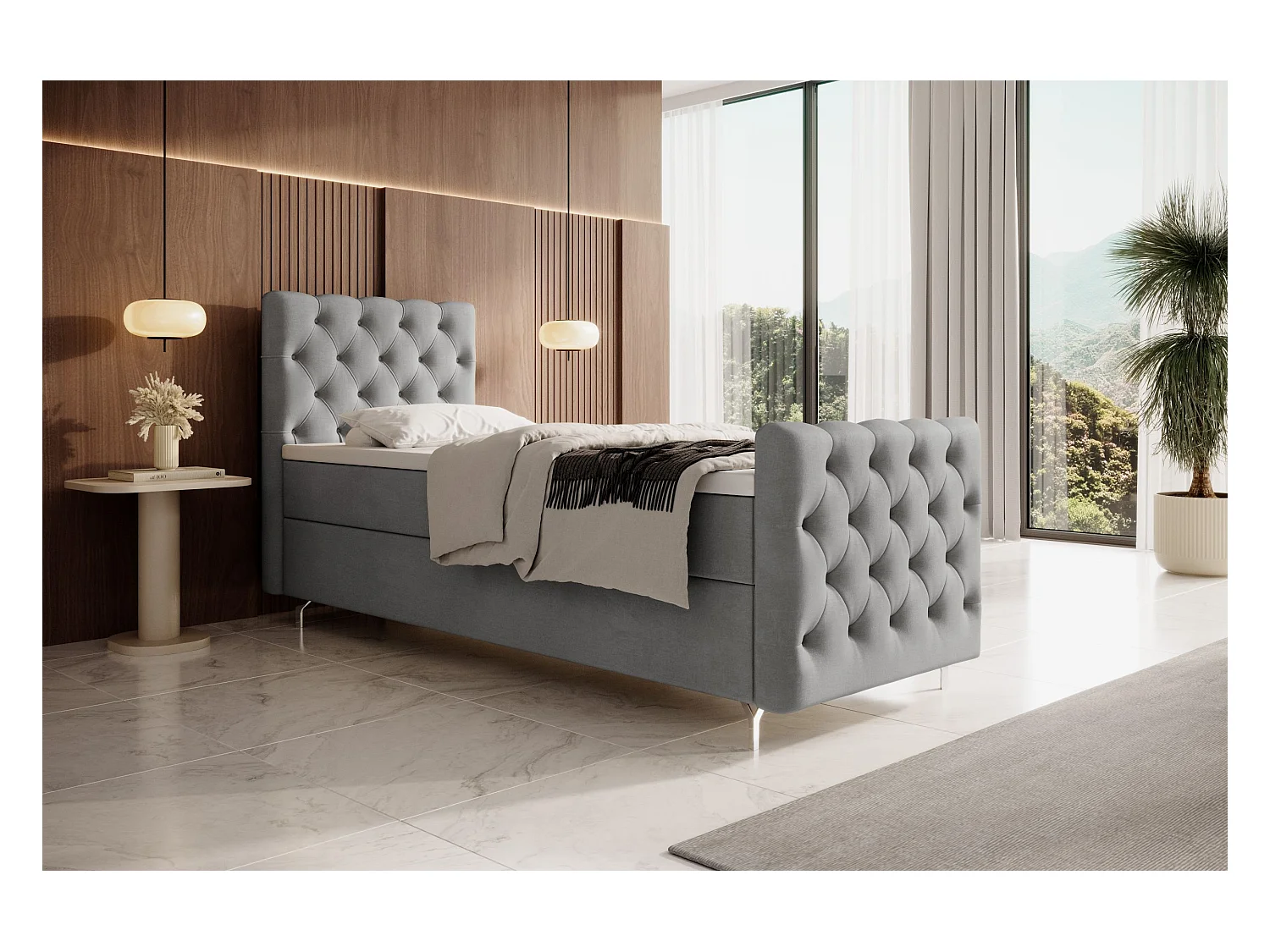 BEDANTE lit boxspring CHESTER PLUS 80x200 gris clair avec matelas H3 et surmatelas lit avec coffre, lit simple, lit d'hôtel, chambre, avec rangement