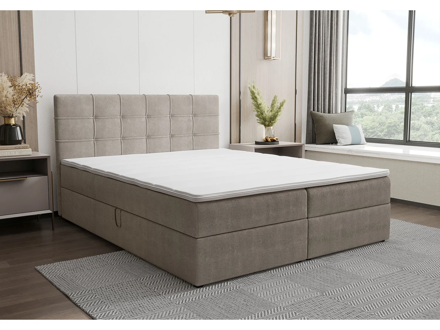 BEDANTE Lit boxspring KIDA 200x200 Curio 11 Beige Lit Litkasten Lit double Lit d'hôtel Chambre à coucher Espace de rangement