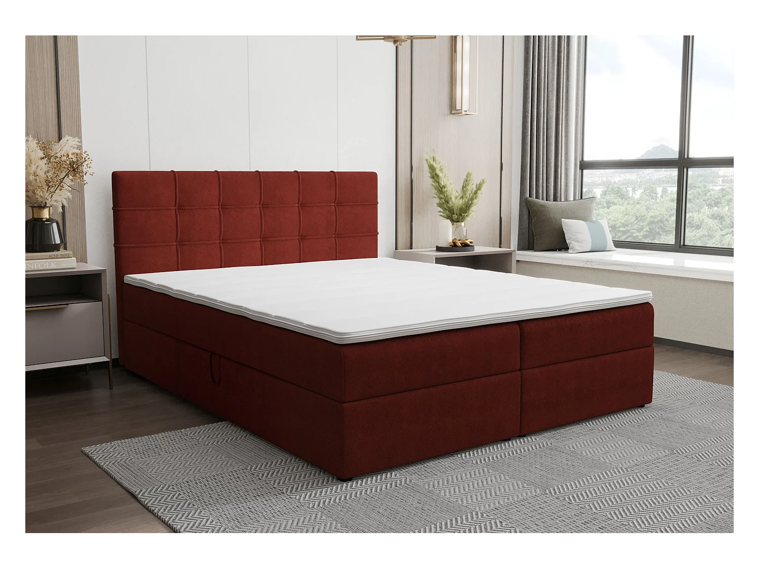 BEDANTE Lit boxspring KIDA 180x200 Curio 57 Rouge Lit Litkasten Lit double Lit d'hôtel Chambre à coucher Espace de rangement