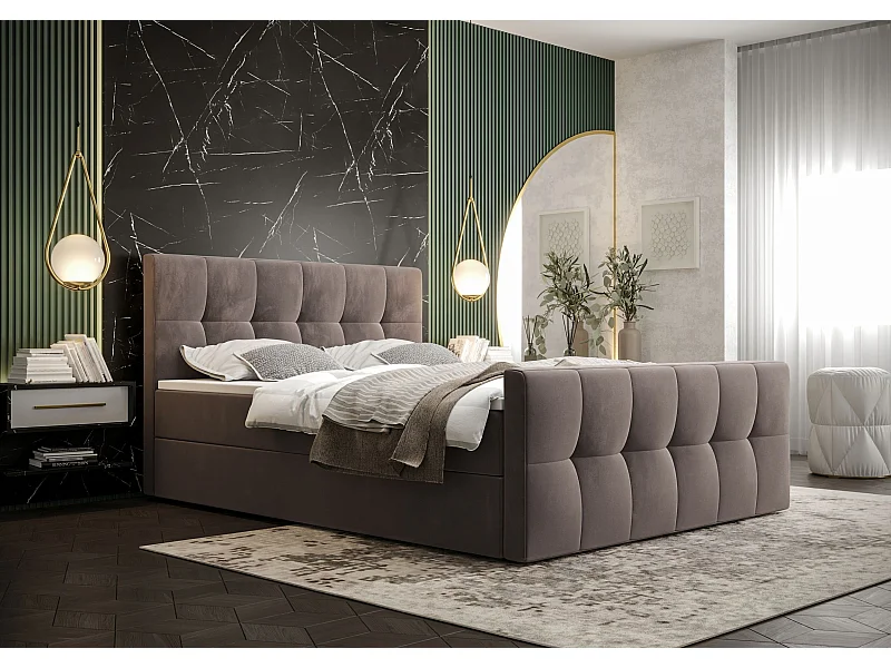 BEDANTE Lit boxspring MANHATTAN 140x200 Monolith 15 Brun Lit Coffre Lit double Lit d’hôtel Surmatelas Matelas Chambre Rangement