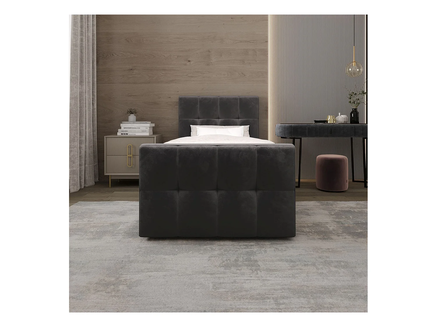 BEDANTE Lit Boxspring MANHATTAN 80x200 Monolith 92 Gris Lit avec coffre Lit simple Lit d’hôtel Surmatelas Matelas Chambre Espace de rangement