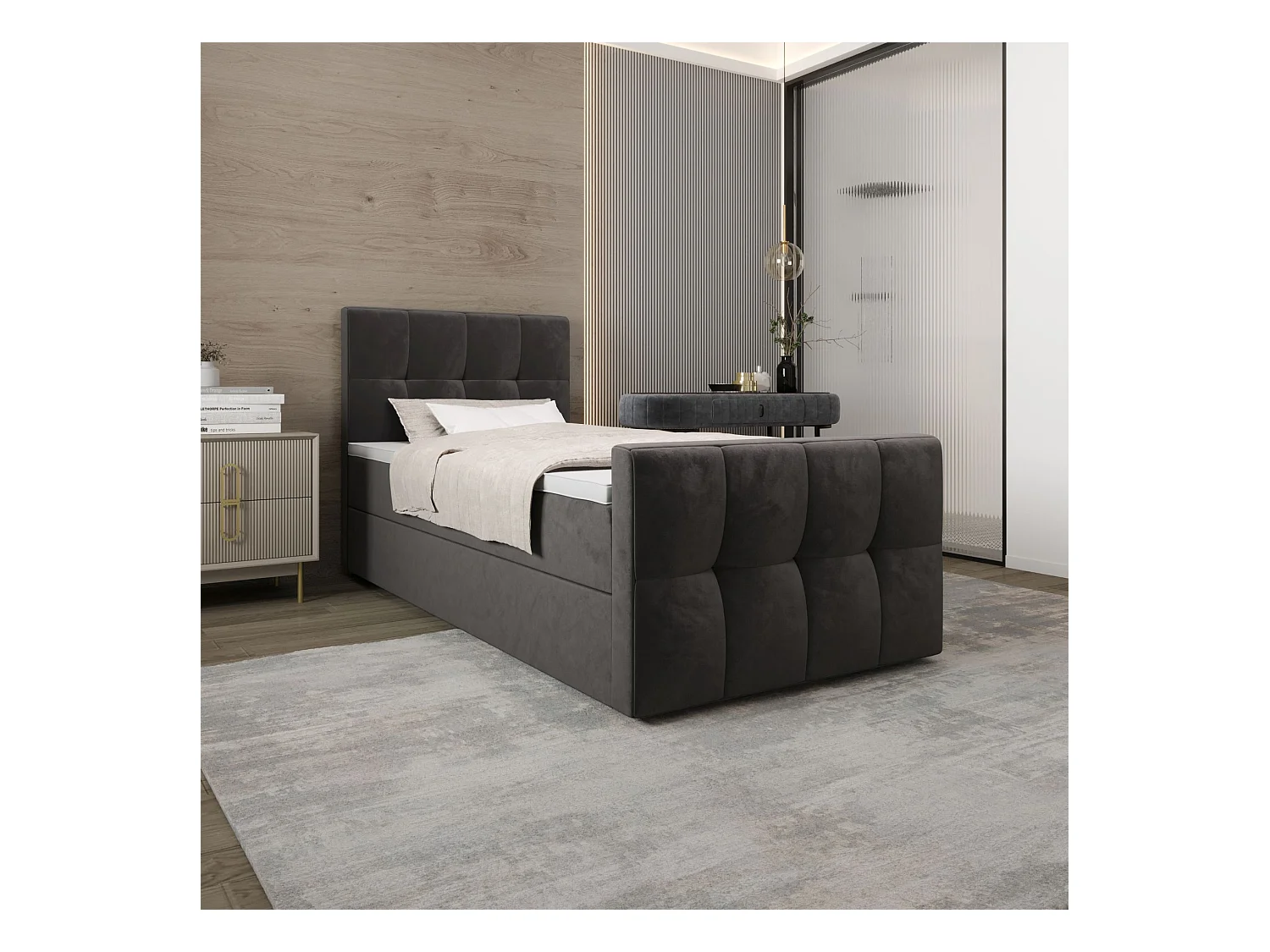 BEDANTE Boxspringbett MANHATTAN 80x200 Monolith 92 Grau Bett Bettkasten Einzellbett Hotelbett Topper Matratze Schlafzimmer Stauraum
