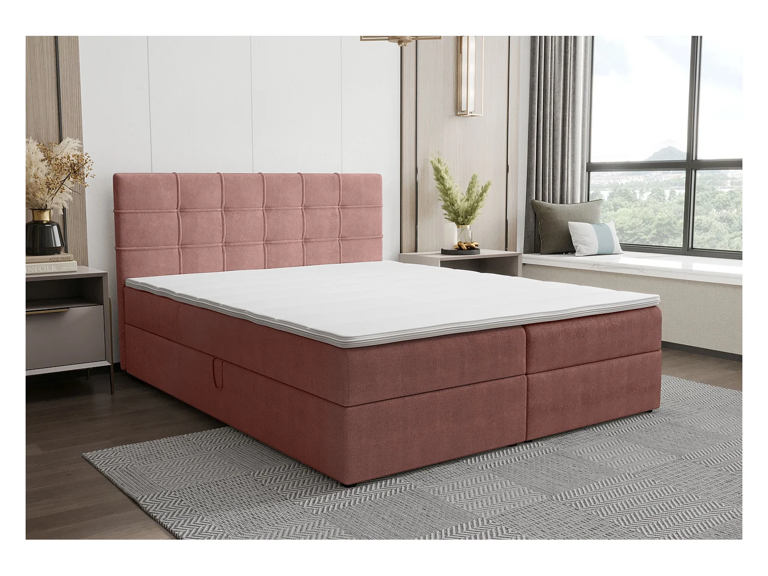 BEDANTE Lit boxspring KIDA 180x200 Curio 63 Rose Lit Litkasten Lit double Lit d'hôtel Chambre à coucher Espace de rangement