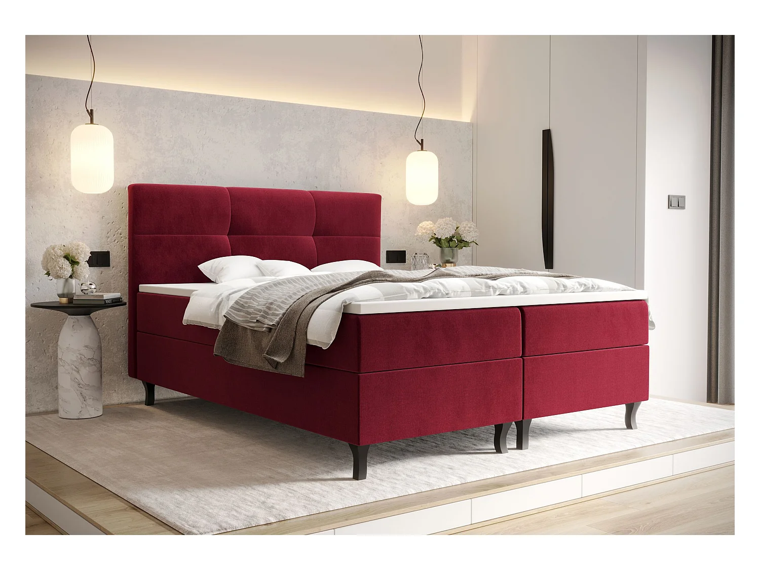 BEDANTE Lit Boxspring LIMBA 140x200 Monolith 59 Rouge Lit avec coffre Lit double Lit d’hôtel Surmatelas Matelas Chambre Espace de rangement