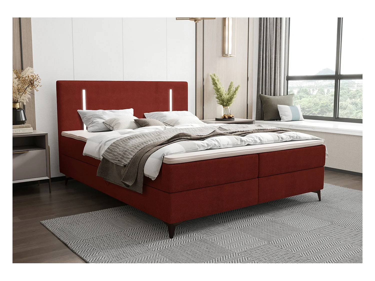 BEDANTE Boxspringbett ONO 160x200 CURIO 57 Rot Bett Bettkasten Ehebett Hotelbett Topper Matratze Schlafzimmer Stauraum