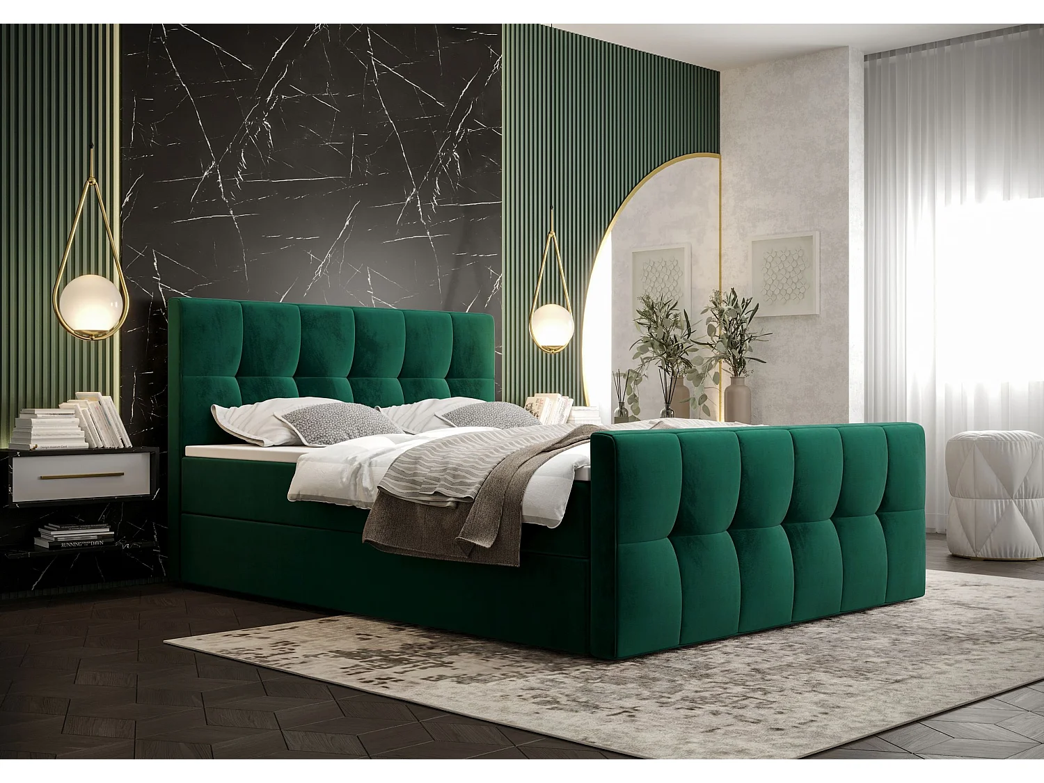 BEDANTE Lit boxspring MANHATTAN 180x200 Monolith 37 Vert Lit Coffre Lit double Lit d’hôtel Surmatelas Matelas Chambre Rangement