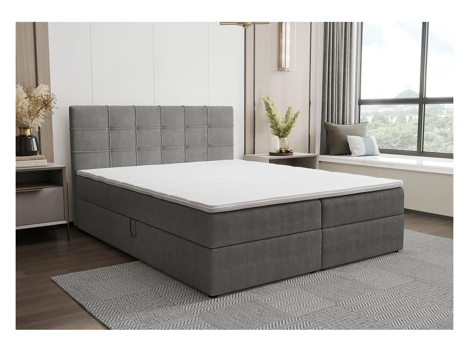 BEDANTE Lit boxspring KIDA 200x200 Curio 93 Gris foncé Lit Litkasten Lit double Lit d'hôtel Chambre à coucher Espace de rangement
