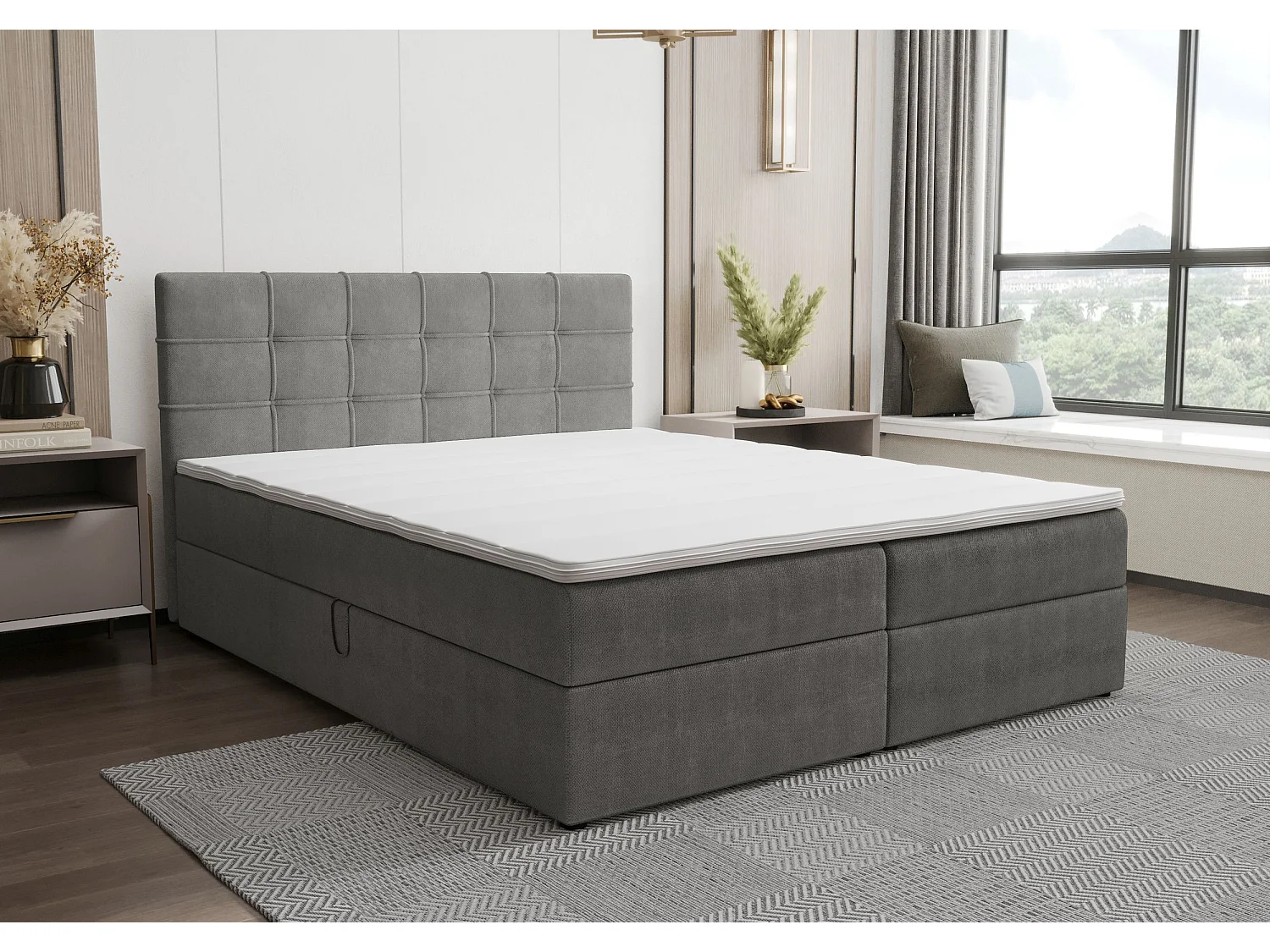 BEDANTE Boxspringbett KIDA 200x200 Curio 93 Dunkelgrau Bett Bettkasten Ehebett Hotelbett Schlafzimmer Topper Matratze Stauraum