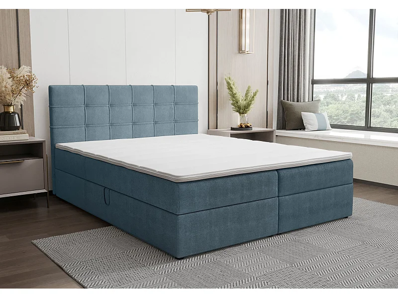 BEDANTE Lit boxspring KIDA 180x200 Curio 74 Bleu Lit Litkasten Lit double Lit d'hôtel Chambre à coucher Espace de rangement