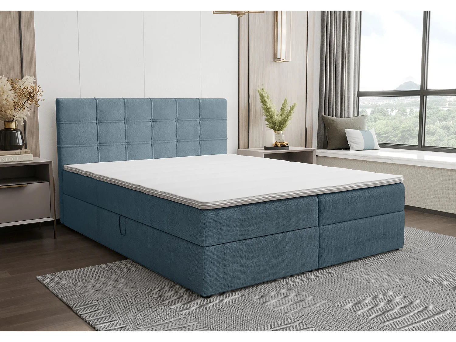 BEDANTE Lit boxspring KIDA 180x200 Curio 74 Bleu Lit Litkasten Lit double Lit d'hôtel Chambre à coucher Espace de rangement