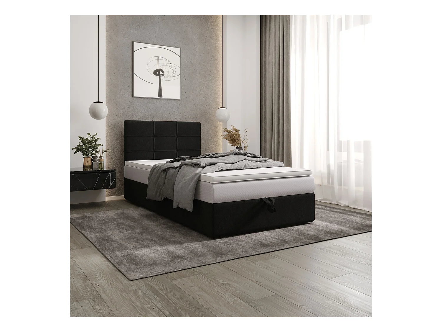 BEDANTE lit boxspring DUO 2 80x200 Cosmic 100 noir lit avec coffre lit double lit d’hôtel surmatelas matelas chambre espace de rangement