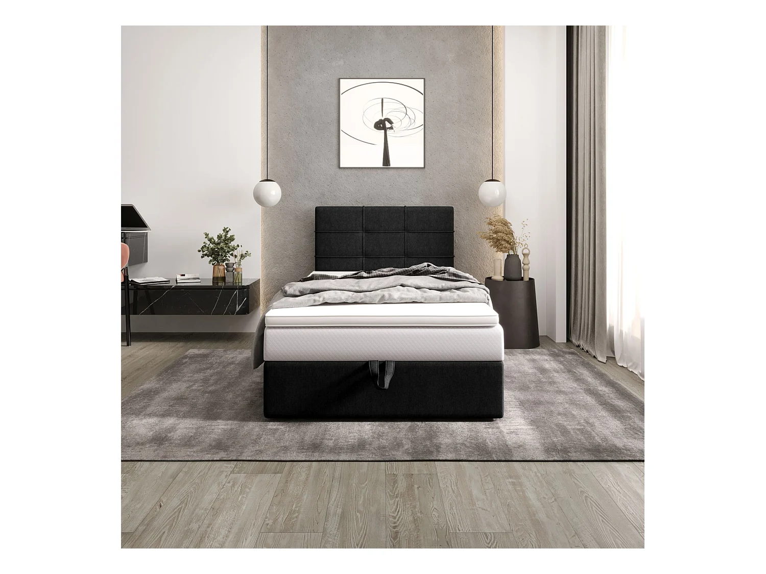 BEDANTE lit boxspring DUO 2 80x200 Cosmic 100 noir lit avec coffre lit double lit d’hôtel surmatelas matelas chambre espace de rangement