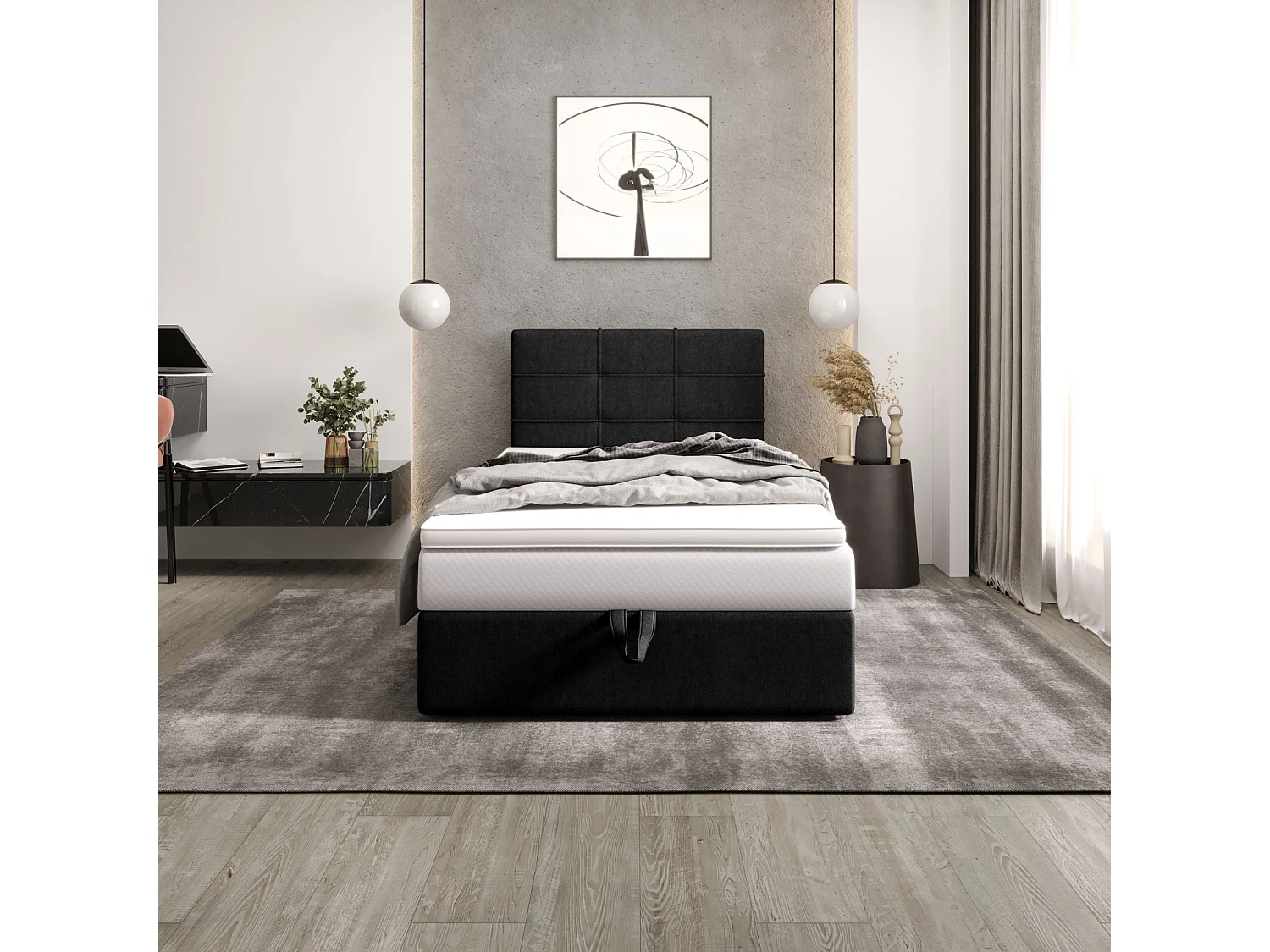 BEDANTE lit boxspring DUO 2 80x200 Cosmic 100 noir lit avec coffre lit double lit d’hôtel surmatelas matelas chambre espace de rangement