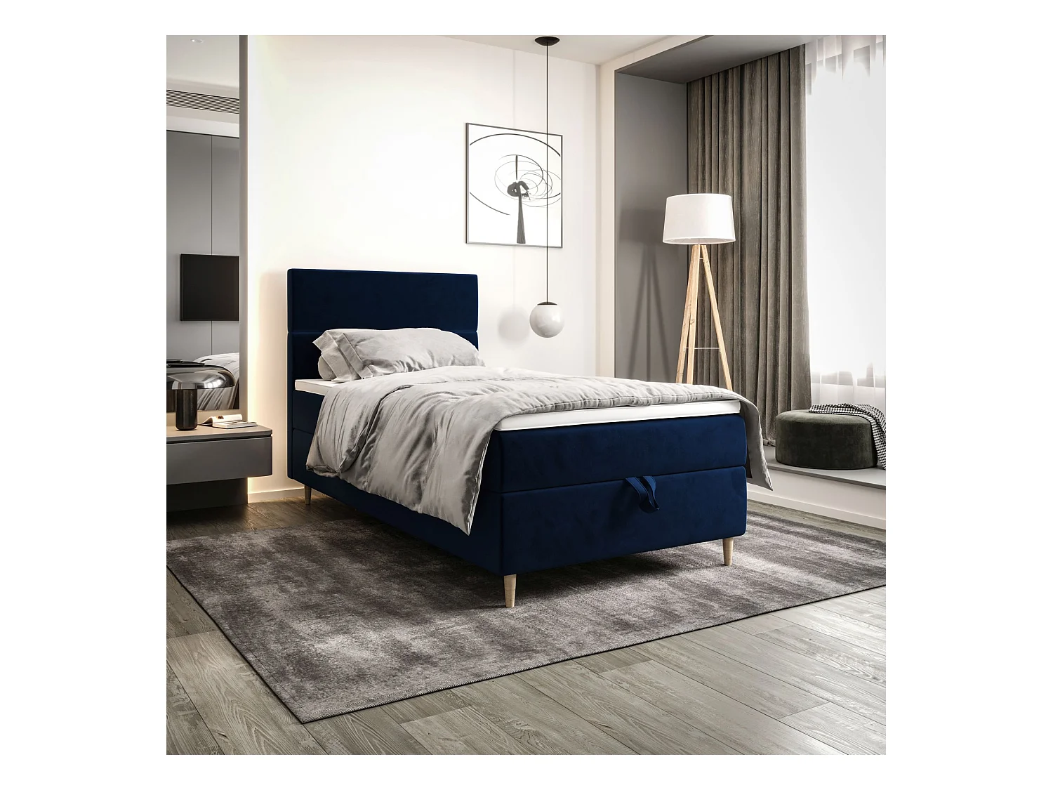 BEDANTE Boxspringbett FLO 80x200 Itaka 11 Dunkelblau Bett Bettkasten Einzellbett Hotelbett Topper Matratze Schlafzimmer Stauraum