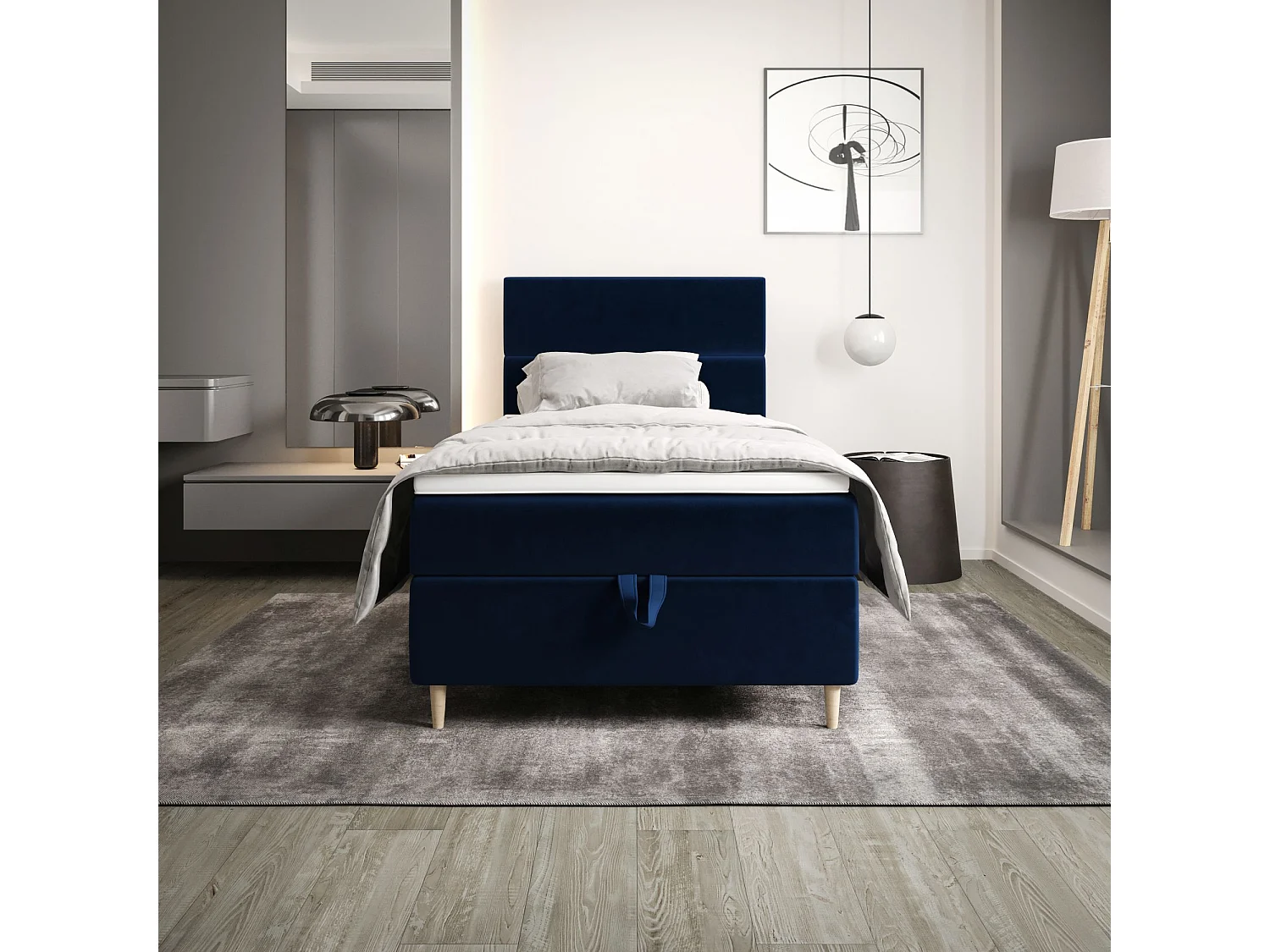BEDANTE Lit boxspring FLO 80x200 Itaka 11 Bleu foncé Lit Coffre Lit simple Lit d'hôtel Surmatelas Matelas Chambre Rangement
