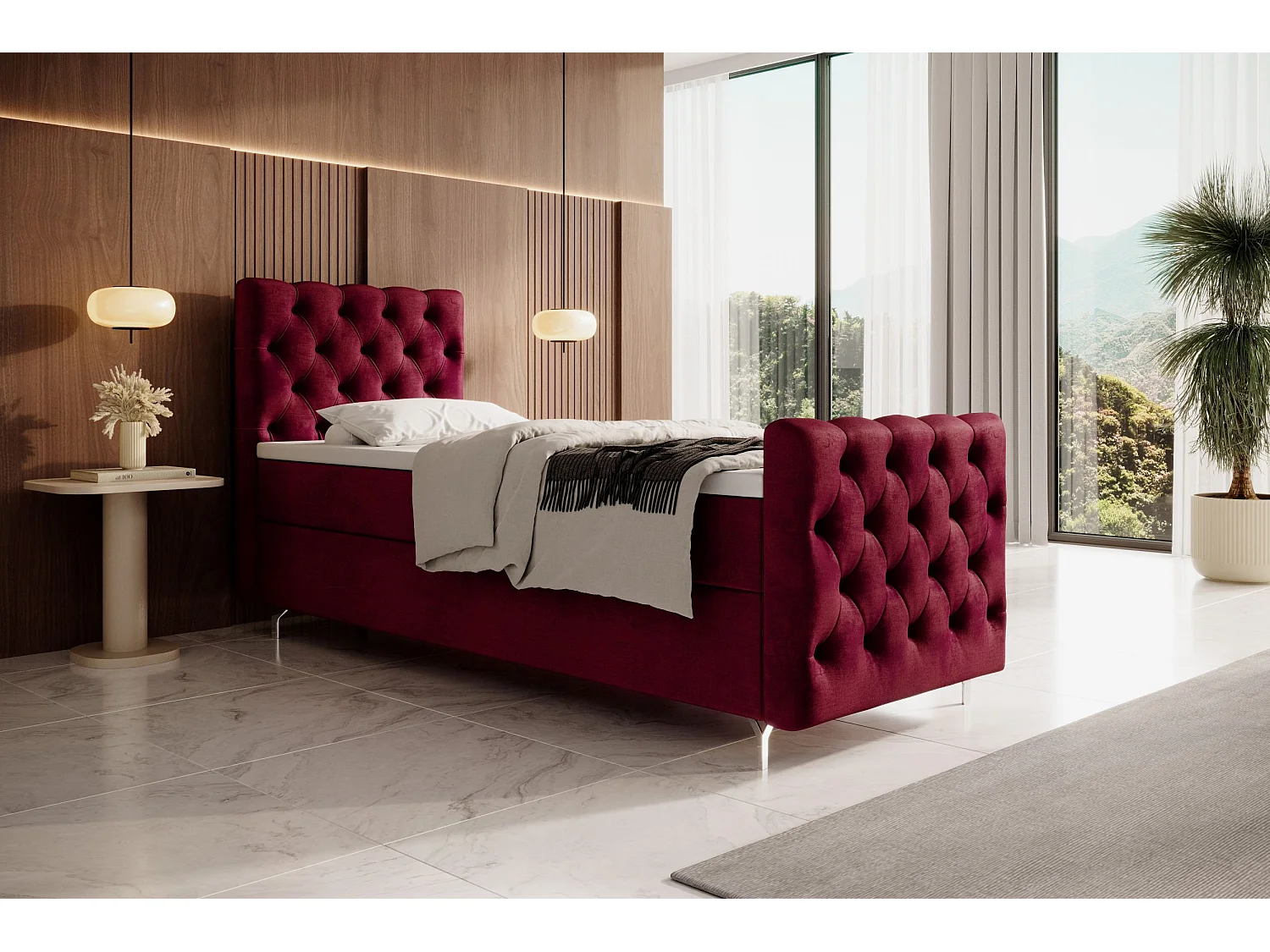 BEDANTE lit boxspring CHESTER PLUS 100x200 rouge avec matelas H3 et surmatelas lit avec coffre, lit simple, lit d'hôtel, chambre, avec rangement