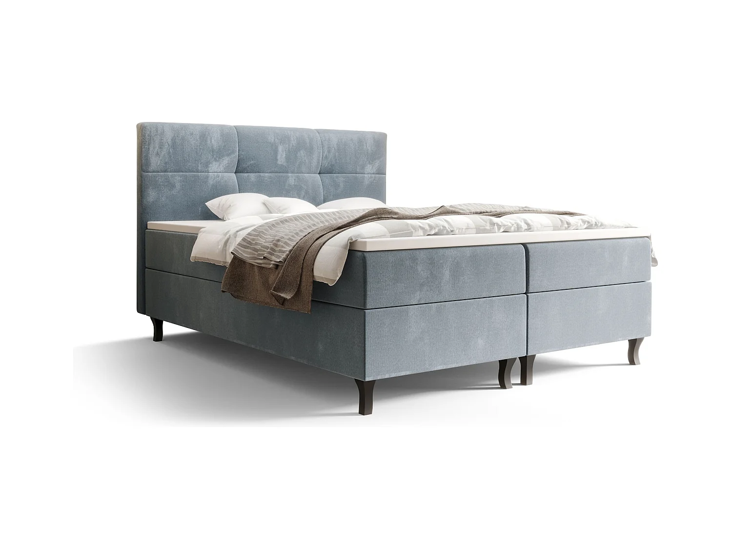BEDANTE Lit Boxspring LIMBA 160x200 Monolith 70 Bleu clair Lit avec coffre Lit double Lit d’hôtel Surmatelas Matelas Chambre Espace de rangement