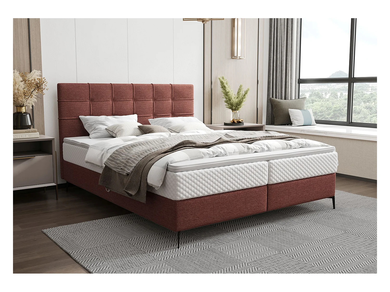 BEDANTE Boxspringbett INAO 160x200 ARAGON 59 Rot Bett Bettkasten Ehebett Hotelbett Topper Matratze Schlafzimmer Stauraum