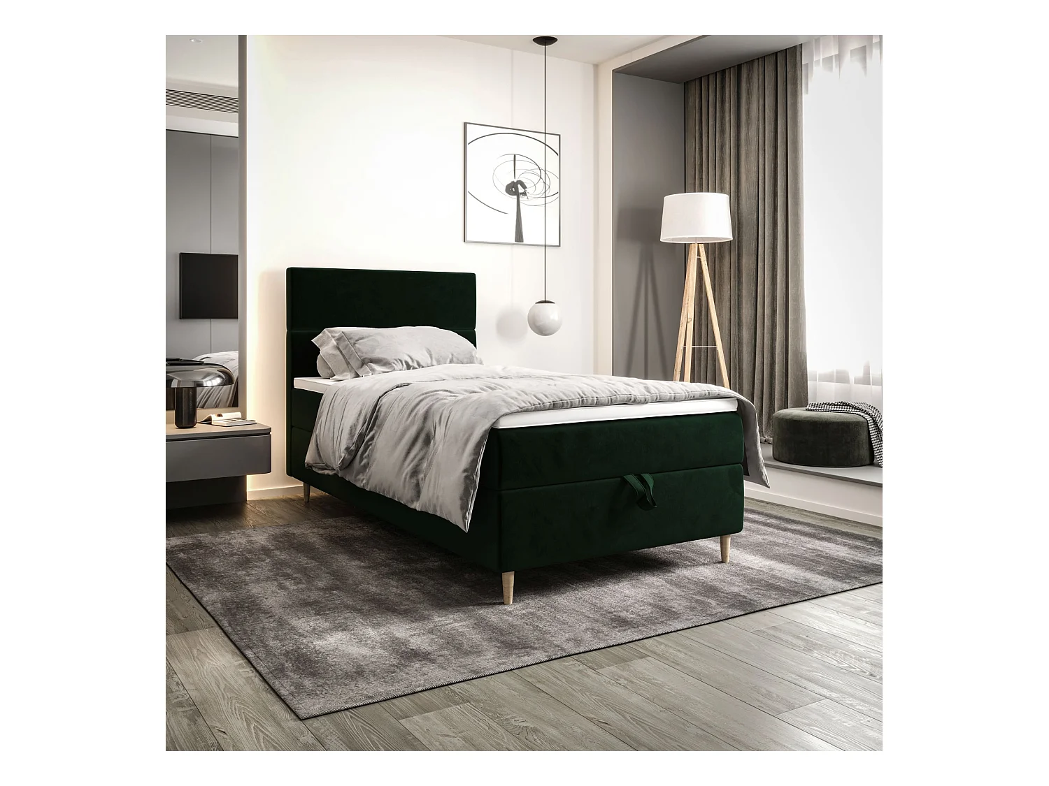 BEDANTE Boxspringbett FLO 80x200 Itaka 10 Dunkelgrün Bett Bettkasten Einzellbett Hotelbett Topper Matratze Schlafzimmer Stauraum