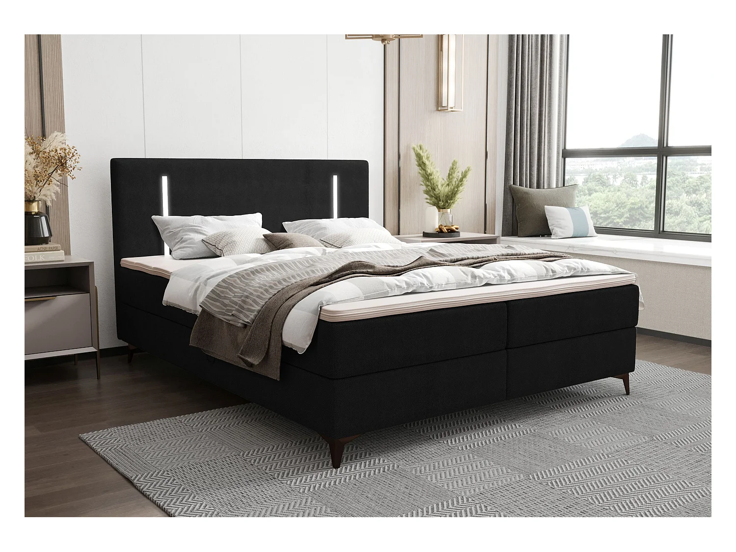 BEDANTE lit boxspring ONO 140x200 CURIO 99 noir lit coffre de lit lit double lit d'hôtel surmatelas matelas chambre à coucher rangement