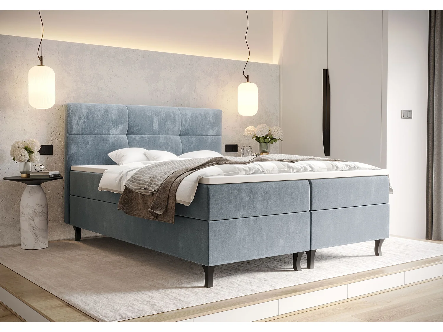 BEDANTE Boxspringbett LIMBA 180x200 Monolith 70 Hellblau Bett Bettkasten Ehebett Hotelbett Topper Matratze Schlafzimmer Stauraum
