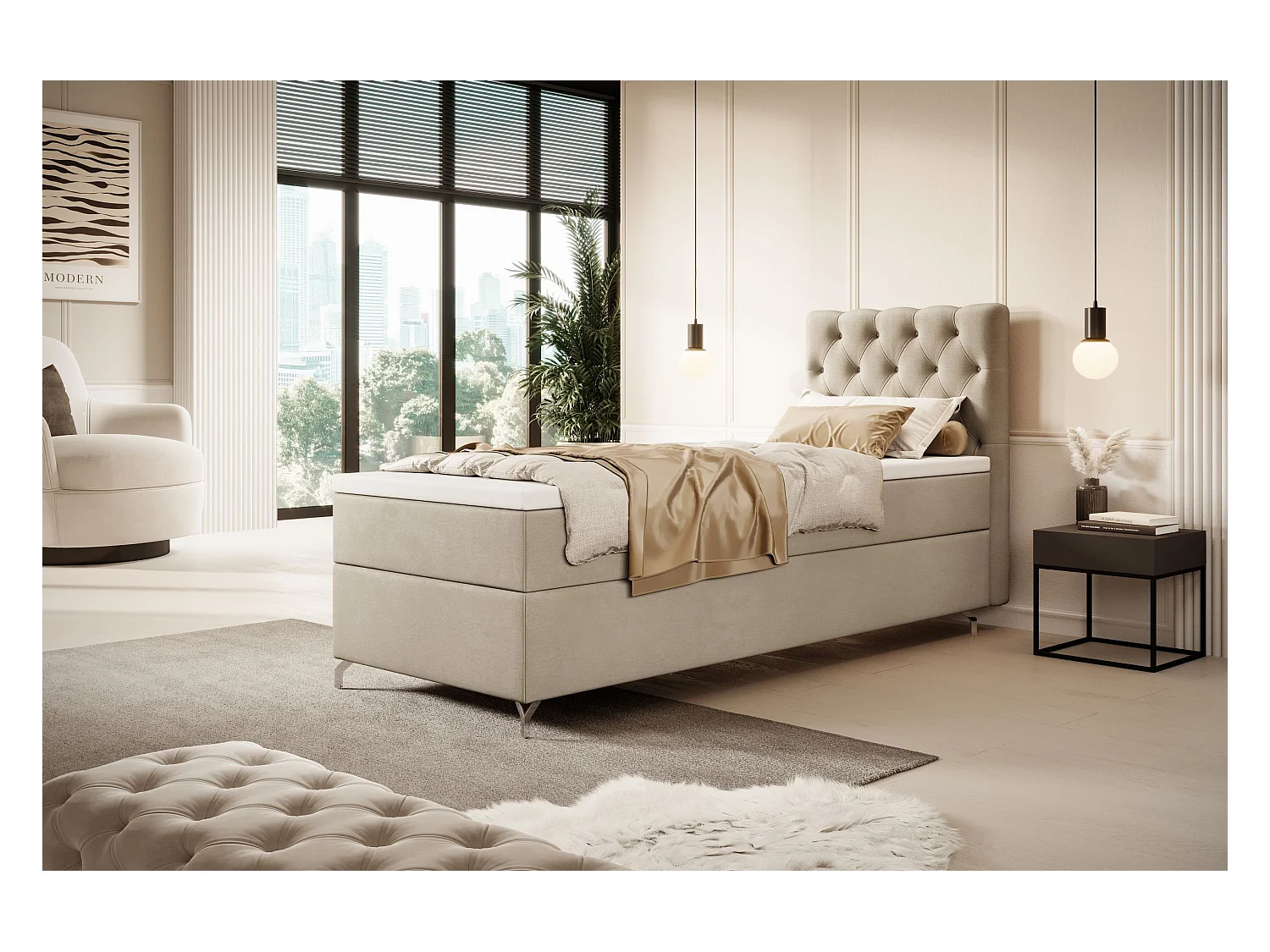 BEDANTE Boxspringbett CHESTER mit Matratze H3 und Topper 80x200 Monolith 02 Beige Bett Bettkasten Einzellbett Hotelbett Schlafzimmer Stauraum
