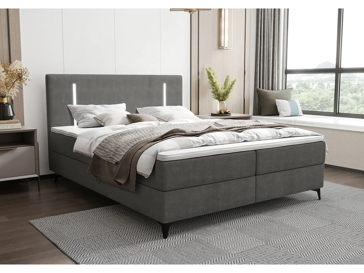 BEDANTE lit boxspring ONO 160x200 CURIO 93 gris lit coffre de lit lit double lit d'hôtel surmatelas matelas chambre à coucher rangement