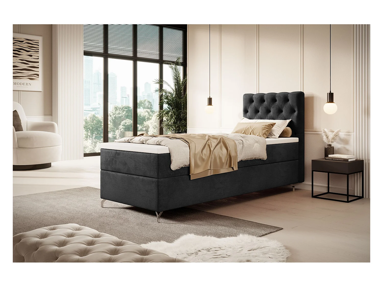 BEDANTE Boxspringbett CHESTER mit Matratze H3 und Topper 80x200 Monolith 97 Dunkelgrau Bett Bettkasten Einzellbett Hotelbett Schlafzimmer Stauraum