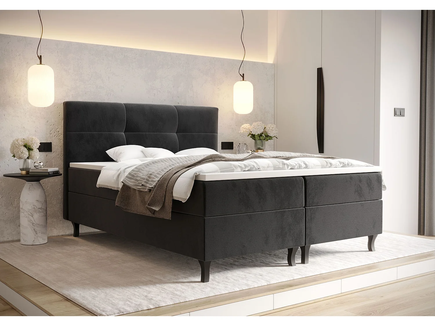 BEDANTE Lit Boxspring LIMBA 180x200 Monolith 97 Gris foncé Lit avec coffre Lit double Lit d’hôtel Surmatelas Matelas Chambre Espace de rangement