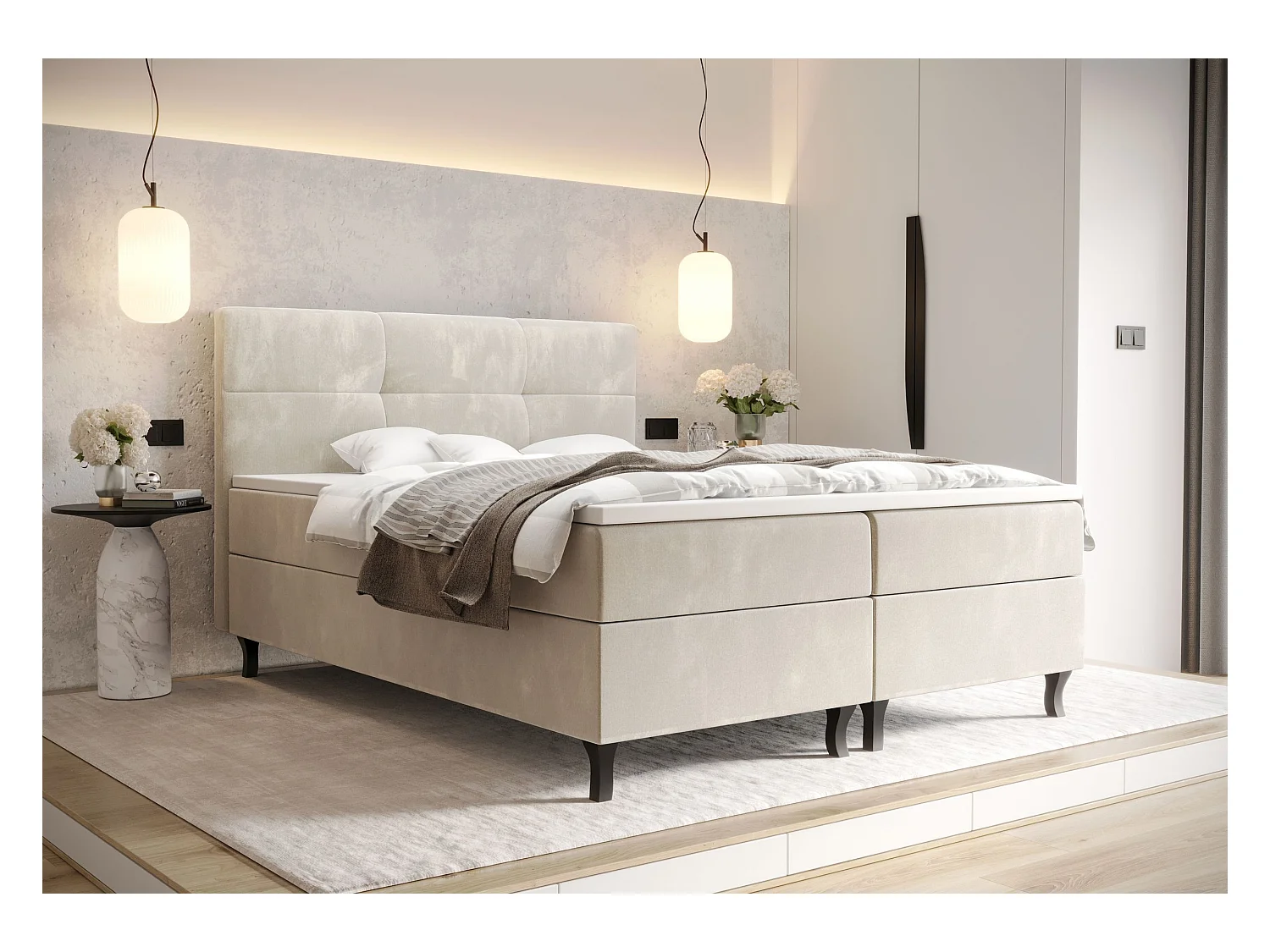 BEDANTE Lit Boxspring LIMBA 140x200 Monolith 02 Crème Lit avec coffre Lit double Lit d’hôtel Surmatelas Matelas Chambre Espace de rangement