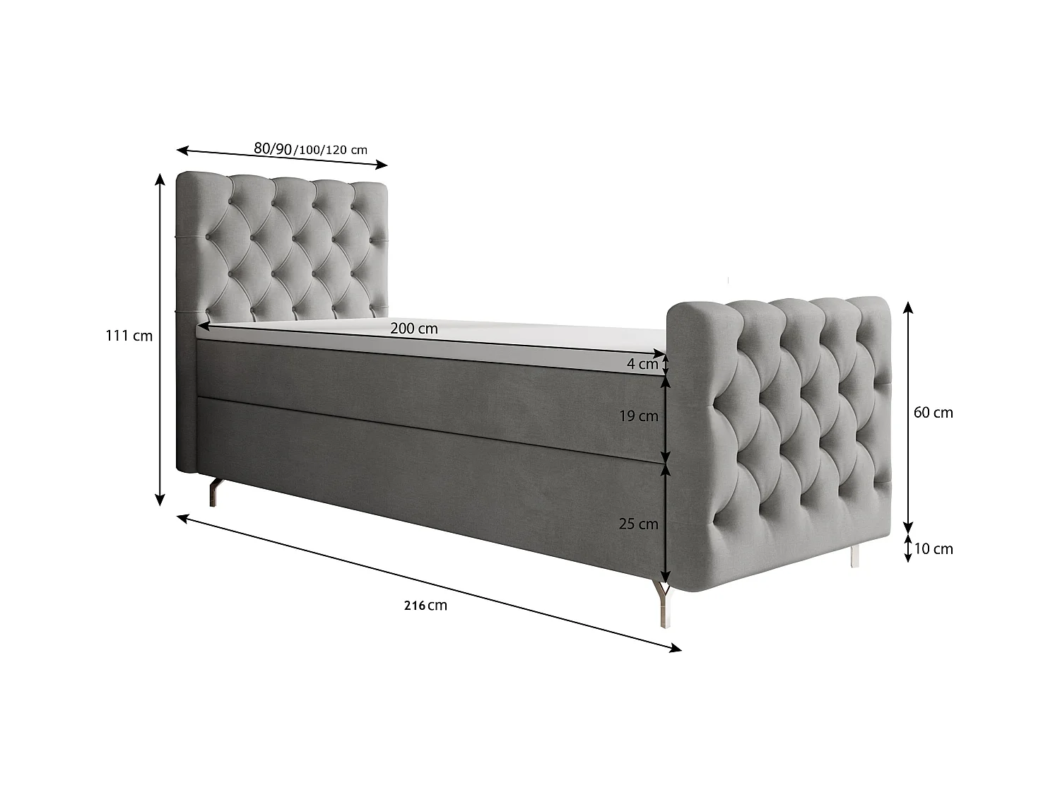 BEDANTE lit boxspring CHESTER PLUS 120x200 gris clair avec matelas H3 et surmatelas lit avec coffre, lit simple, lit d'hôtel, chambre, avec rangement