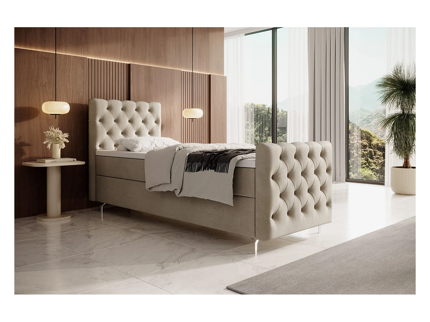 BEDANTE lit boxspring CHESTER PLUS 90x200 beige avec matelas H3 et surmatelas lit avec coffre, lit simple, lit d'hôtel, chambre, avec rangement