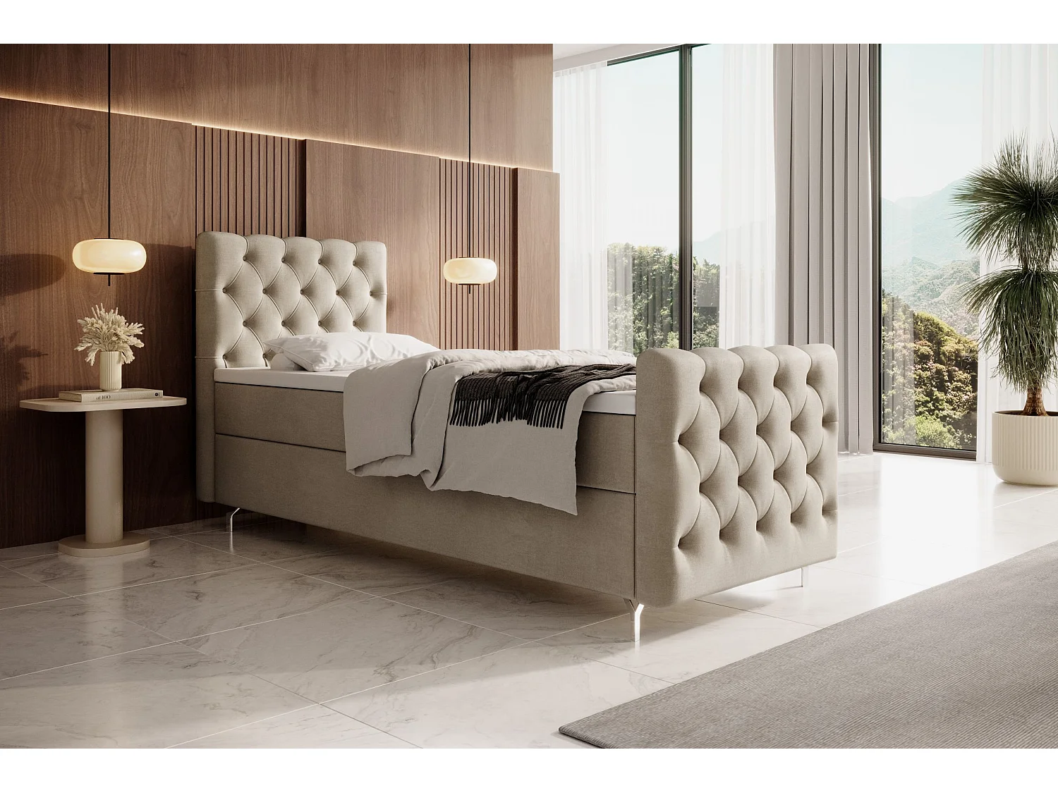 BEDANTE lit boxspring CHESTER PLUS 90x200 beige avec matelas H3 et surmatelas lit avec coffre, lit simple, lit d'hôtel, chambre, avec rangement