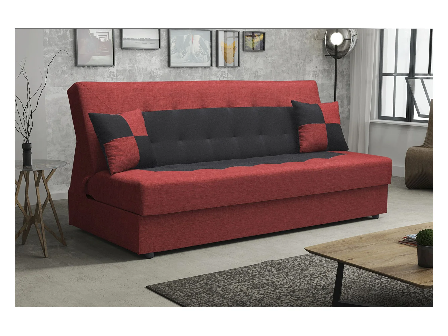 BEDANTE BANK POLO met slaapfunctie SAWANA 13+14 Rood/Zwart – Bank met opbergruimte, bedkist, woonkamerbank, bank, slaapbank, bank met opbergkist, bedbank