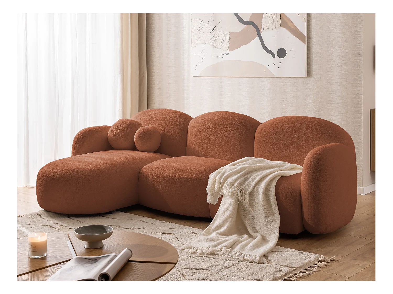 Nuvola - Moderne Ecksofa L-Form aus Terracotta Bouclé-Stoff mit abgerundetem Design und hohem Sitzkomfort