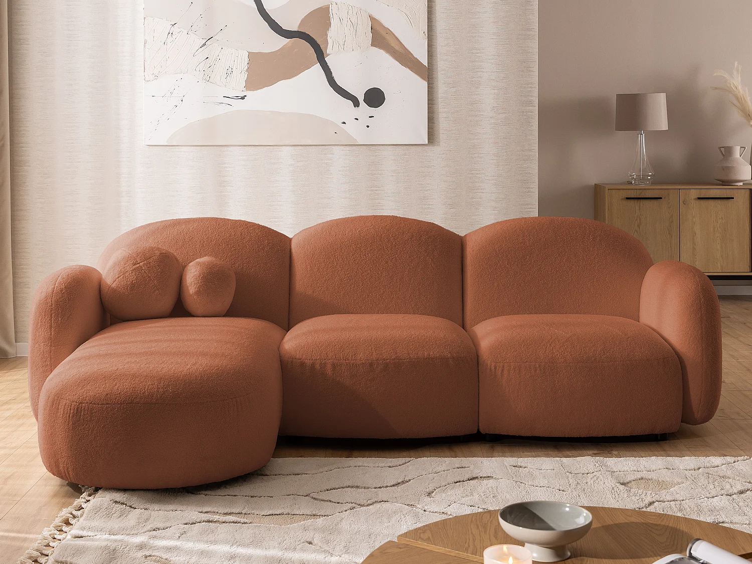 Nuvola - Moderne Ecksofa L-Form aus Terracotta Bouclé-Stoff mit abgerundetem Design und hohem Sitzkomfort