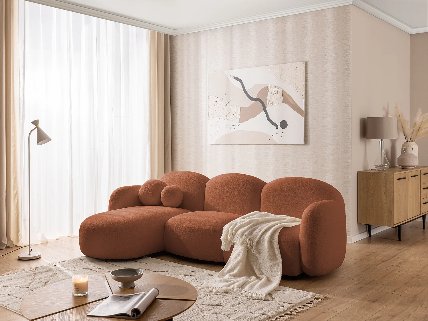 Nuvola - Moderne Ecksofa L-Form aus Terracotta Bouclé-Stoff mit abgerundetem Design und hohem Sitzkomfort