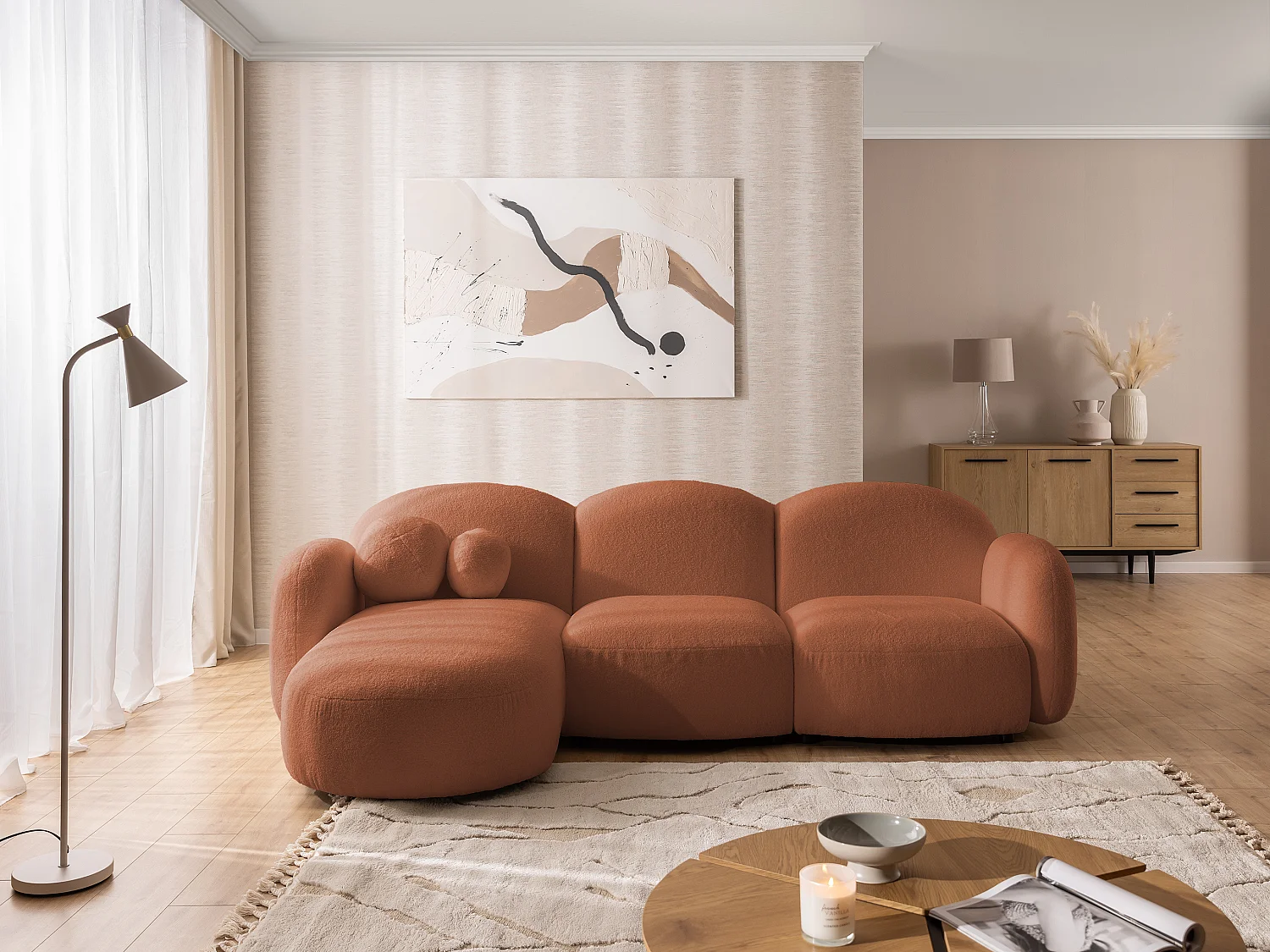 Nuvola - Moderne Ecksofa L-Form aus Terracotta Bouclé-Stoff mit abgerundetem Design und hohem Sitzkomfort