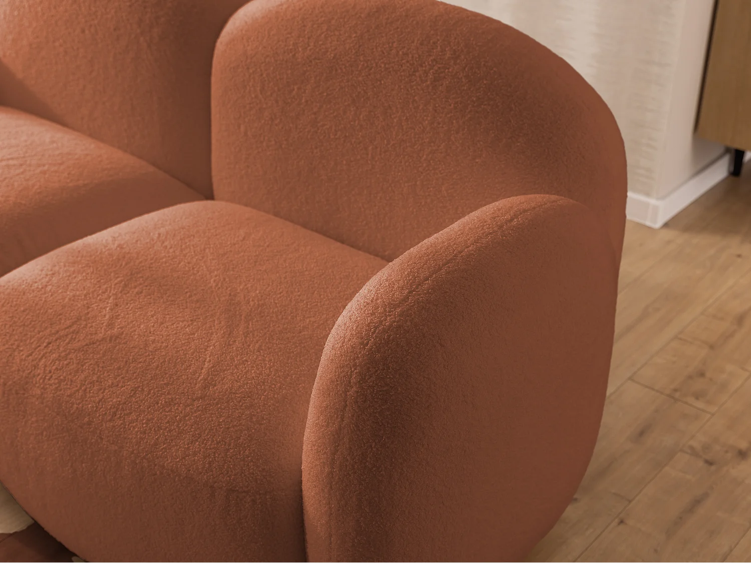 Nuvola - Moderne Ecksofa L-Form aus Terracotta Bouclé-Stoff mit abgerundetem Design und hohem Sitzkomfort