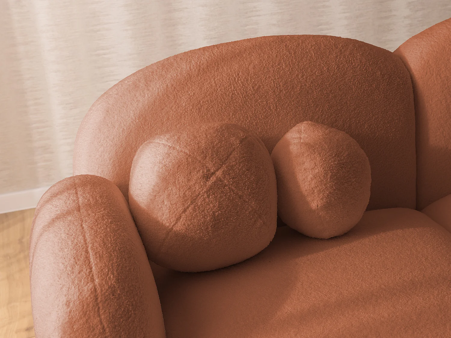 Nuvola - Moderne Ecksofa L-Form aus Terracotta Bouclé-Stoff mit abgerundetem Design und hohem Sitzkomfort