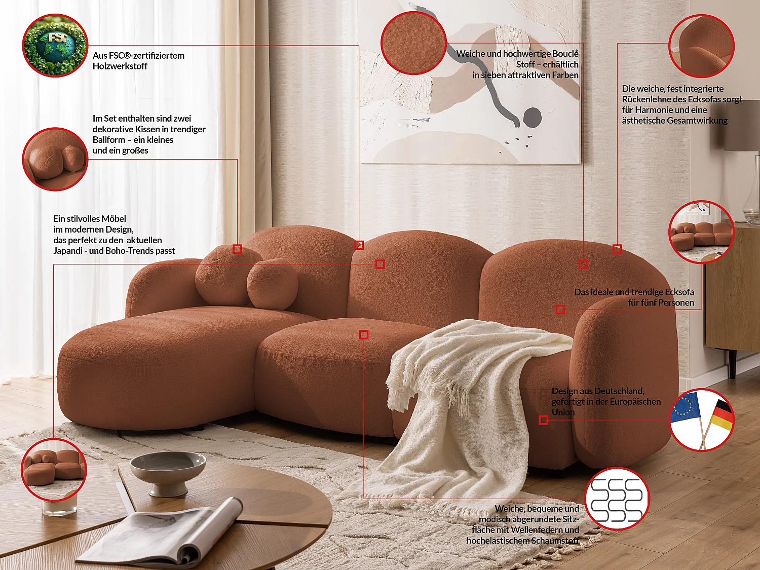 Nuvola - Moderne Ecksofa L-Form aus Terracotta Bouclé-Stoff mit abgerundetem Design und hohem Sitzkomfort