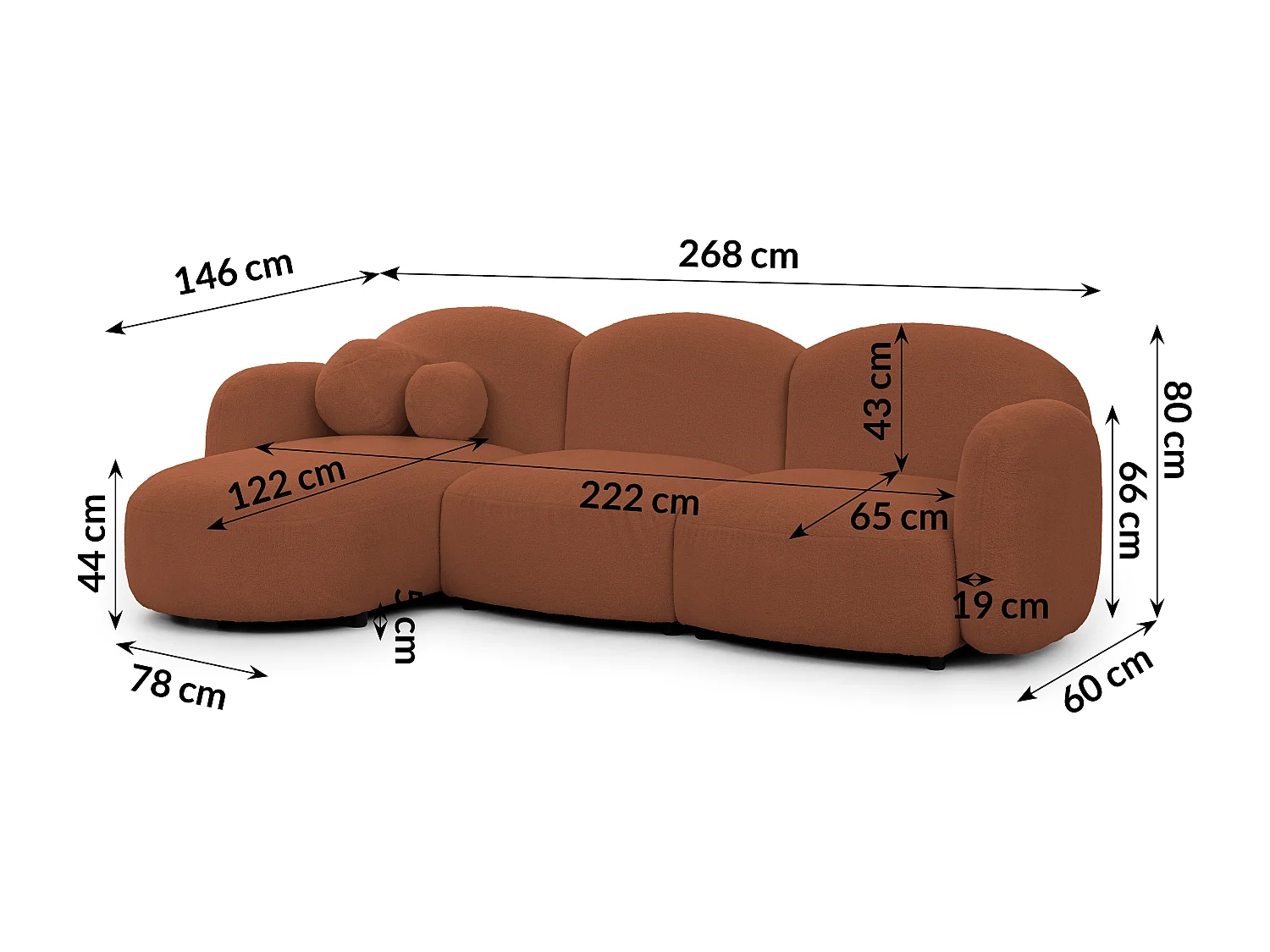 Nuvola - Moderne Ecksofa L-Form aus Terracotta Bouclé-Stoff mit abgerundetem Design und hohem Sitzkomfort