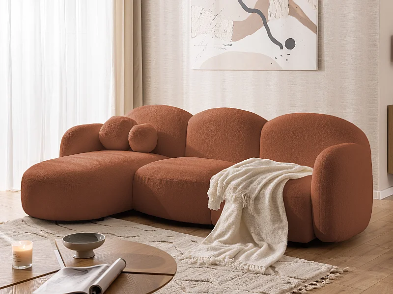 Nuvola - Moderne Ecksofa L-Form aus Terracotta Bouclé-Stoff mit abgerundetem Design und hohem Sitzkomfort