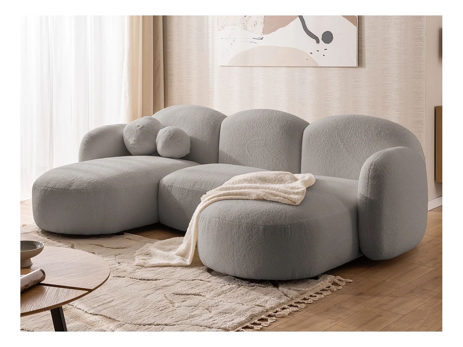 Nuvola - Moderne Wohnlandschaft aus Hellgrau Bouclé mit abgerundetem Design und hohem Sitzkomfort