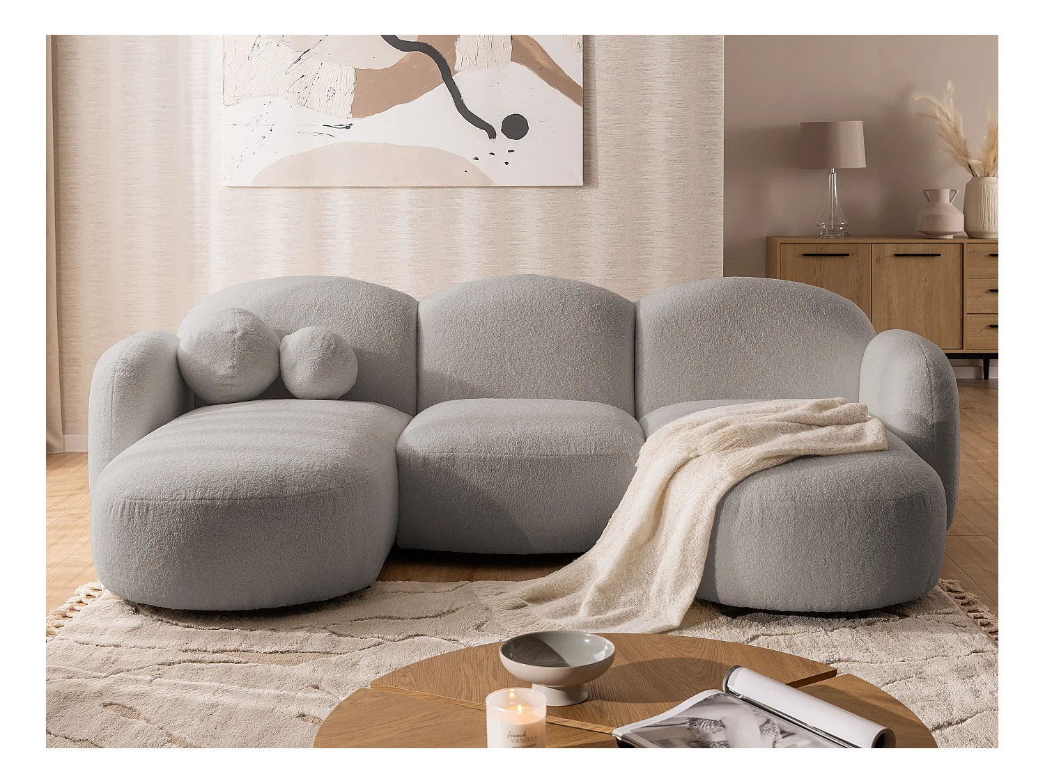 Nuvola - Moderne Wohnlandschaft aus Hellgrau Bouclé mit abgerundetem Design und hohem Sitzkomfort