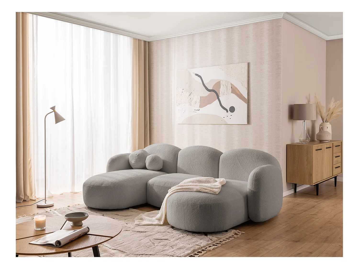 Nuvola - Moderne Wohnlandschaft aus Hellgrau Bouclé mit abgerundetem Design und hohem Sitzkomfort