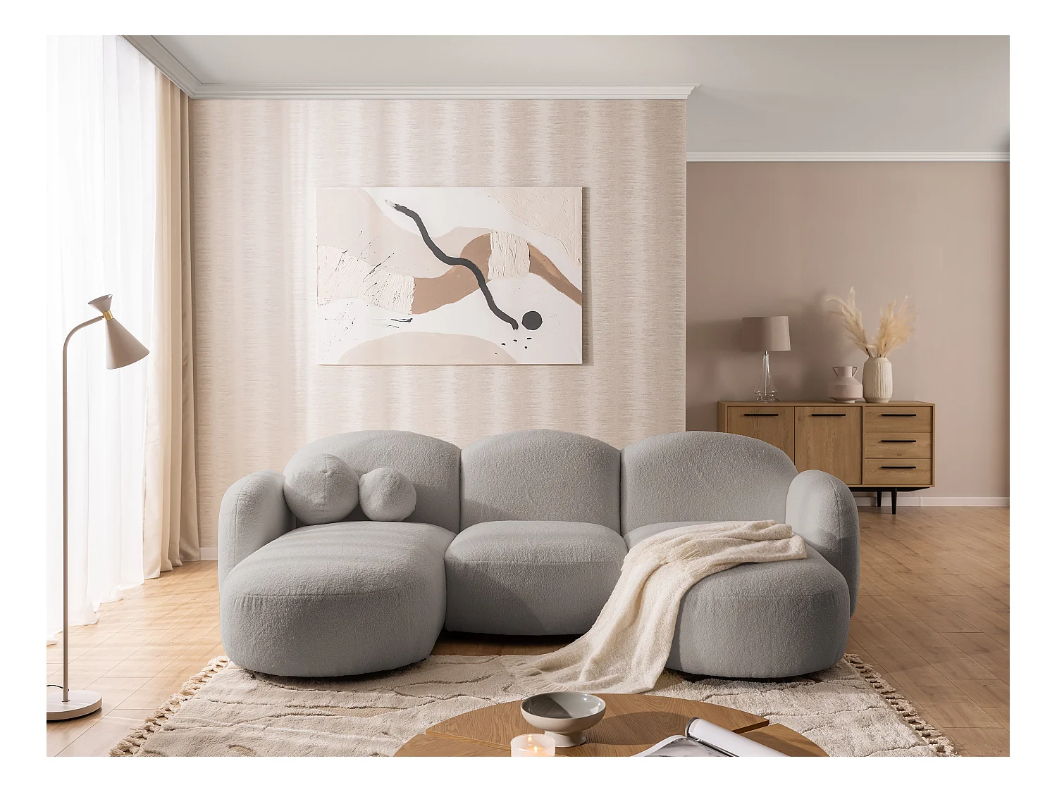 Nuvola - Moderne Wohnlandschaft aus Hellgrau Bouclé mit abgerundetem Design und hohem Sitzkomfort